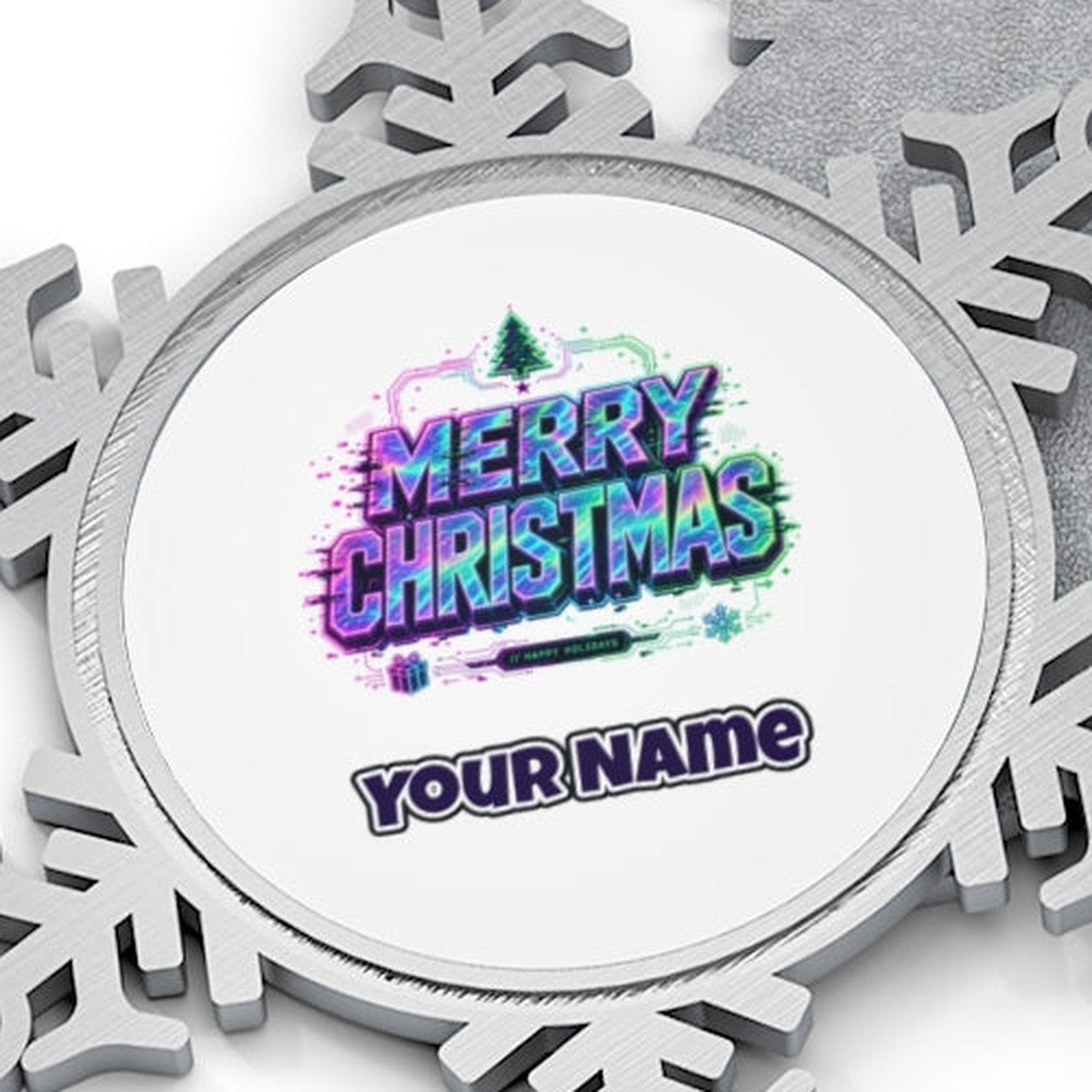 Glitch Neon Merry Christmas Personalised Pewter Christmas Ornament