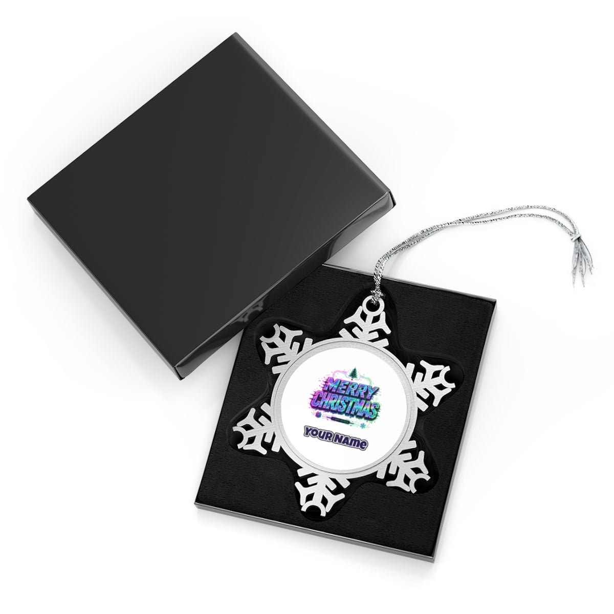 Glitch Neon Merry Christmas Personalised Pewter Christmas Ornament