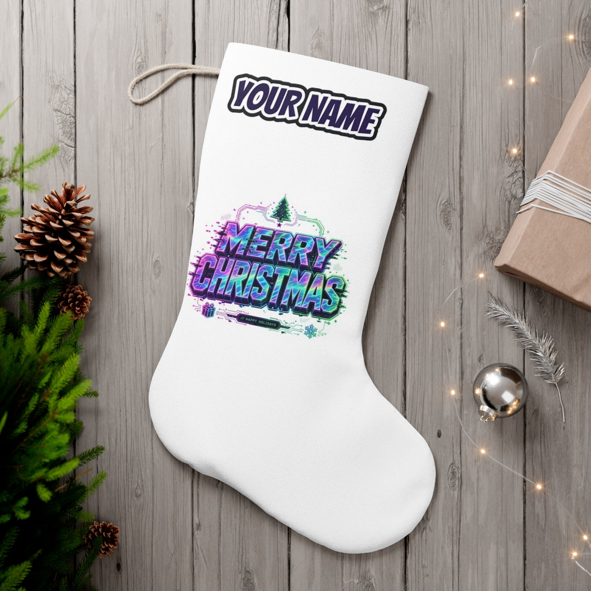 Glitch Neon Merry Christmas personalised Christmas stocking, white, with the name across the top