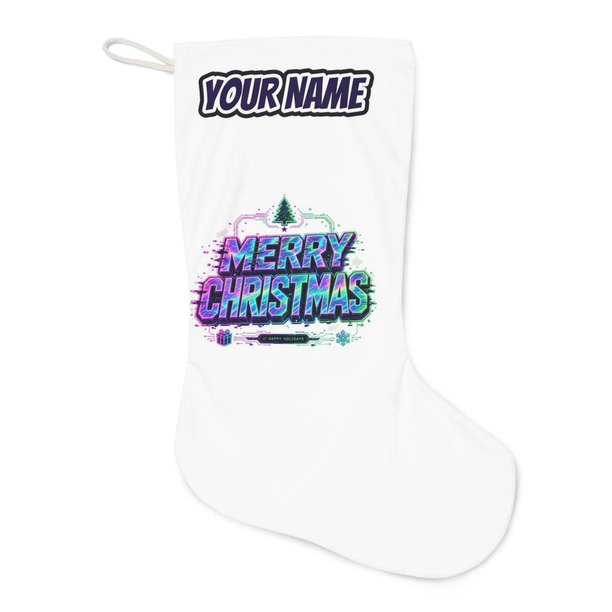 Glitch Neon Merry Christmas Christmas stocking laid flat, showing the full print