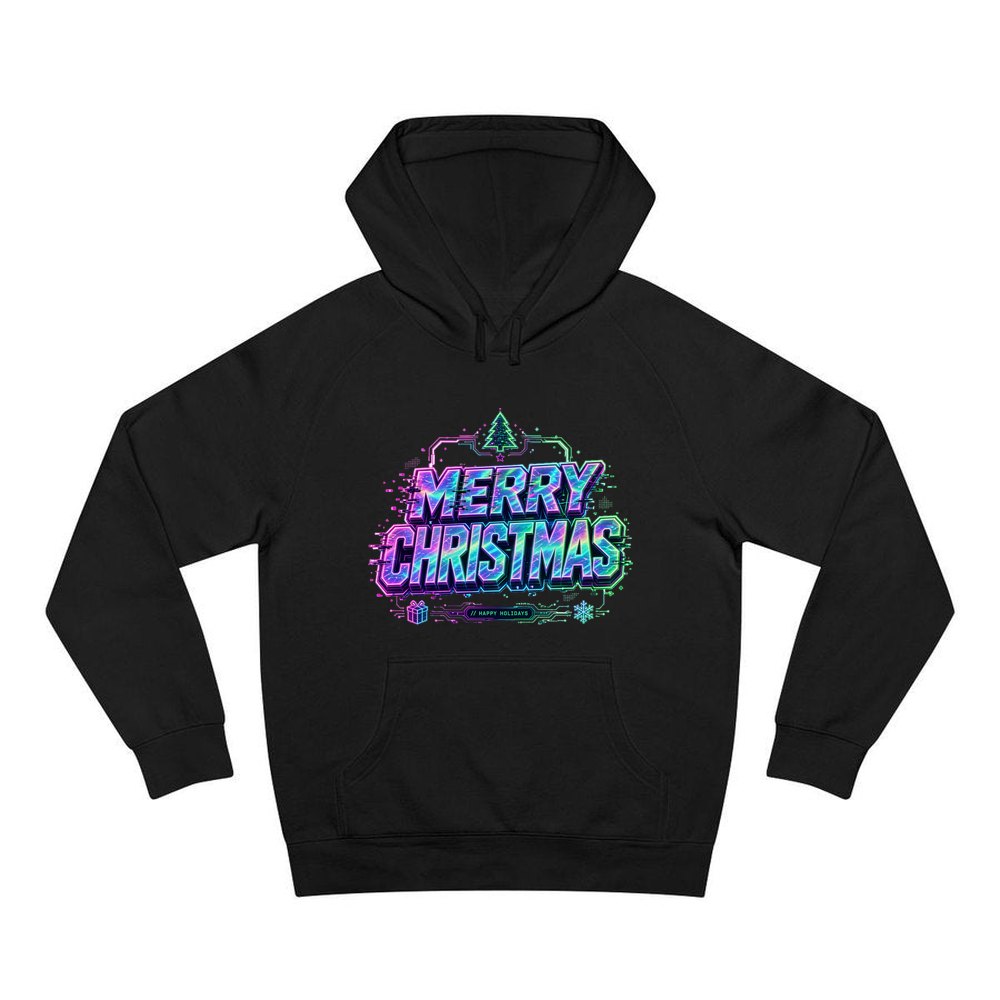 Glitch Neon Merry Christmas personalised Christmas hoodie in black