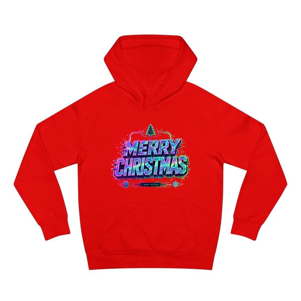 Glitch Neon Merry Christmas personalised Christmas hoodie in red