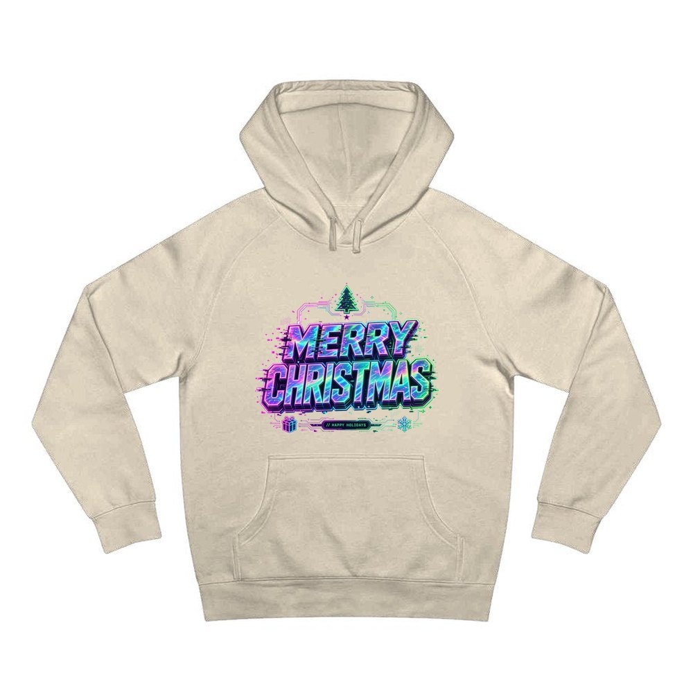 Glitch Neon Merry Christmas personalised Christmas hoodie in sand