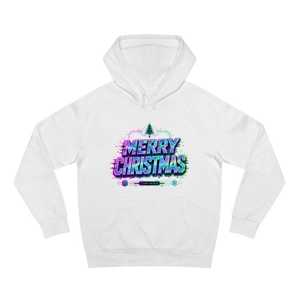 Glitch Neon Merry Christmas personalised Christmas hoodie in white