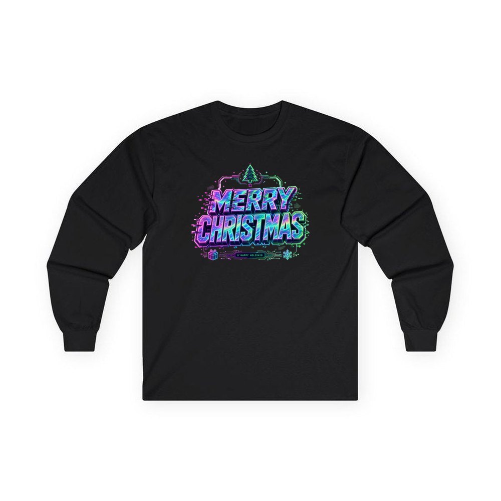 Glitch Neon Merry Christmas personalised long sleeve Christmas T-shirt in black