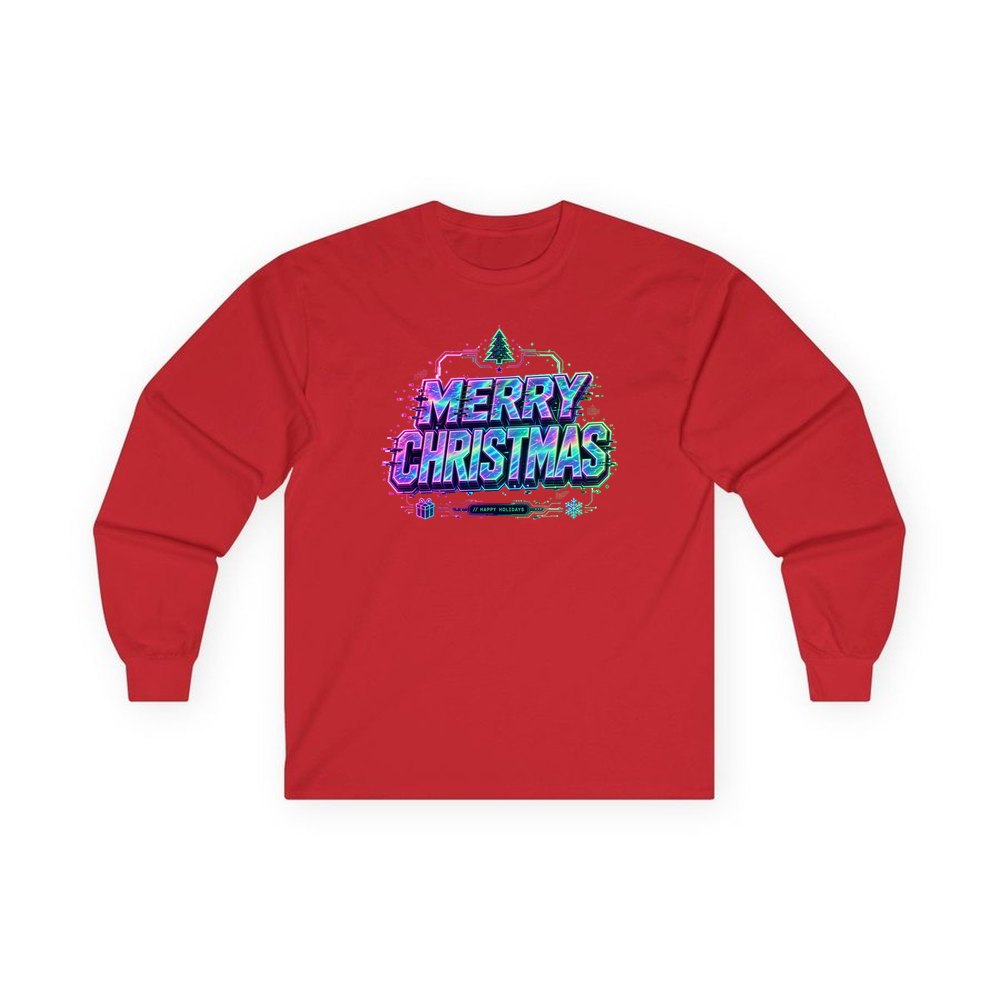Glitch Neon Merry Christmas personalised long sleeve Christmas T-shirt in red