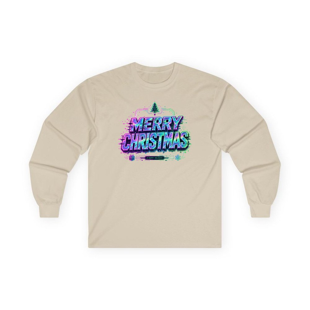 Glitch Neon Merry Christmas personalised long sleeve Christmas T-shirt in sand