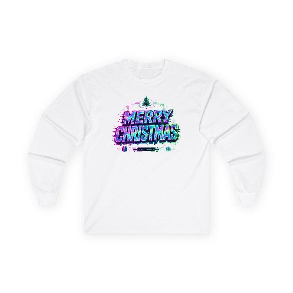 Glitch Neon Merry Christmas personalised long sleeve Christmas T-shirt in white