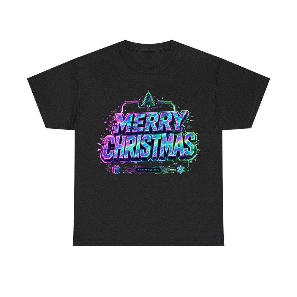 Glitch Neon Merry Christmas personalised Christmas T-shirt in black