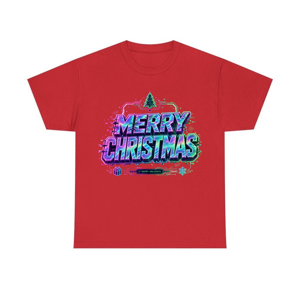 Glitch Neon Merry Christmas personalised Christmas T-shirt in red
