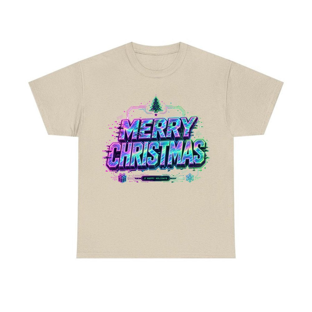 Glitch Neon Merry Christmas personalised Christmas T-shirt in sand