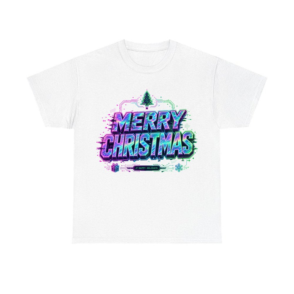 Glitch Neon Merry Christmas personalised Christmas T-shirt in white