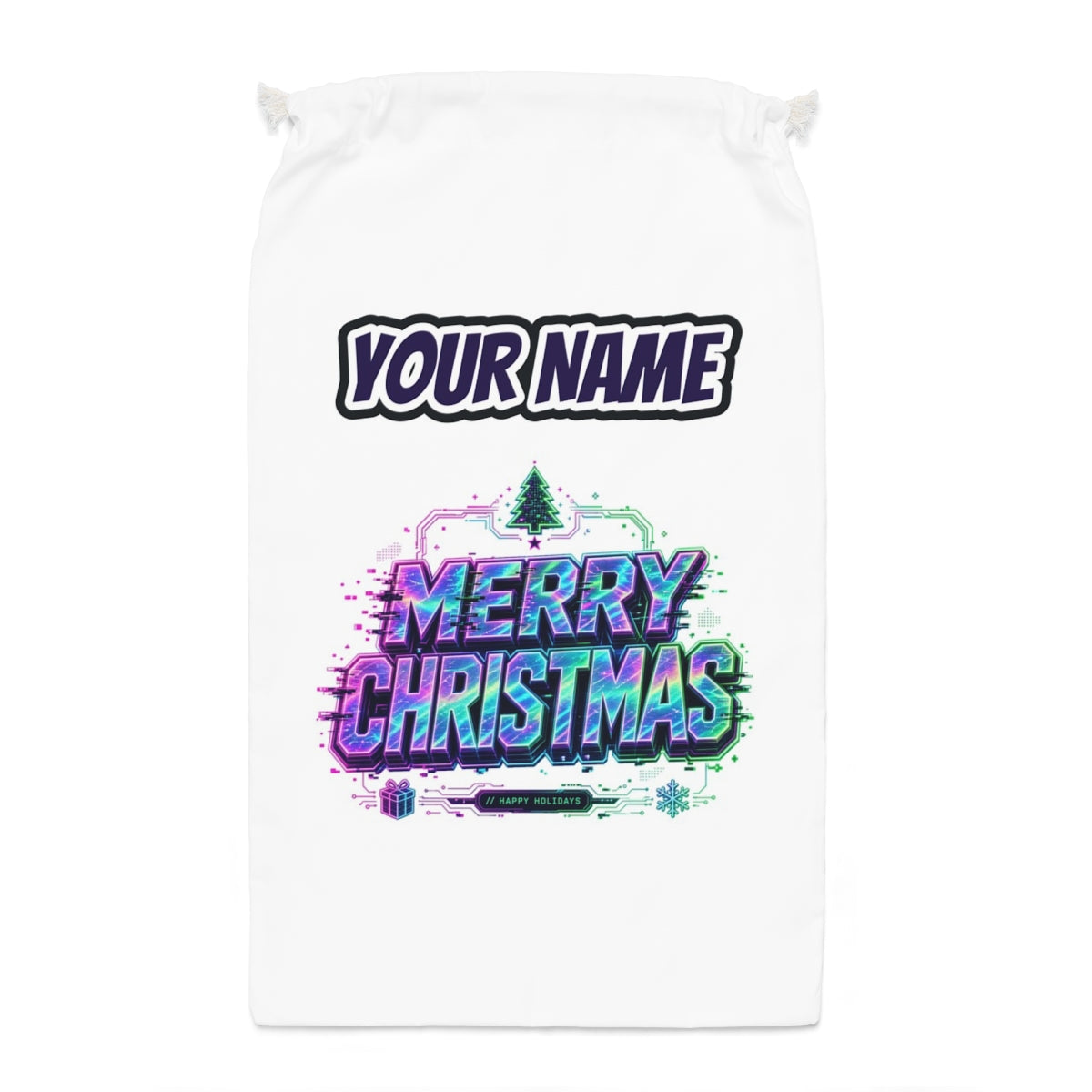 Glitch Neon Merry Christmas Santa sack laid flat, showing the full print