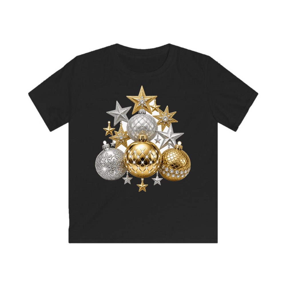 Gold and Silver Bauble Cluster personalised kids Christmas tee in black