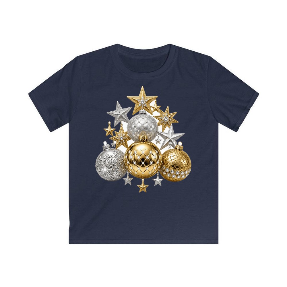 Gold and Silver Bauble Cluster personalised kids Christmas tee in navy