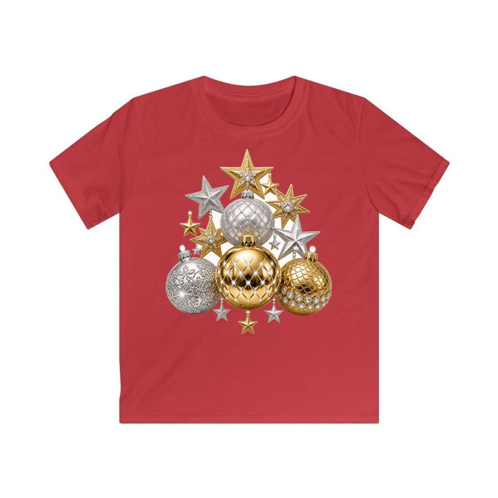 Gold and Silver Bauble Cluster personalised kids Christmas tee in red