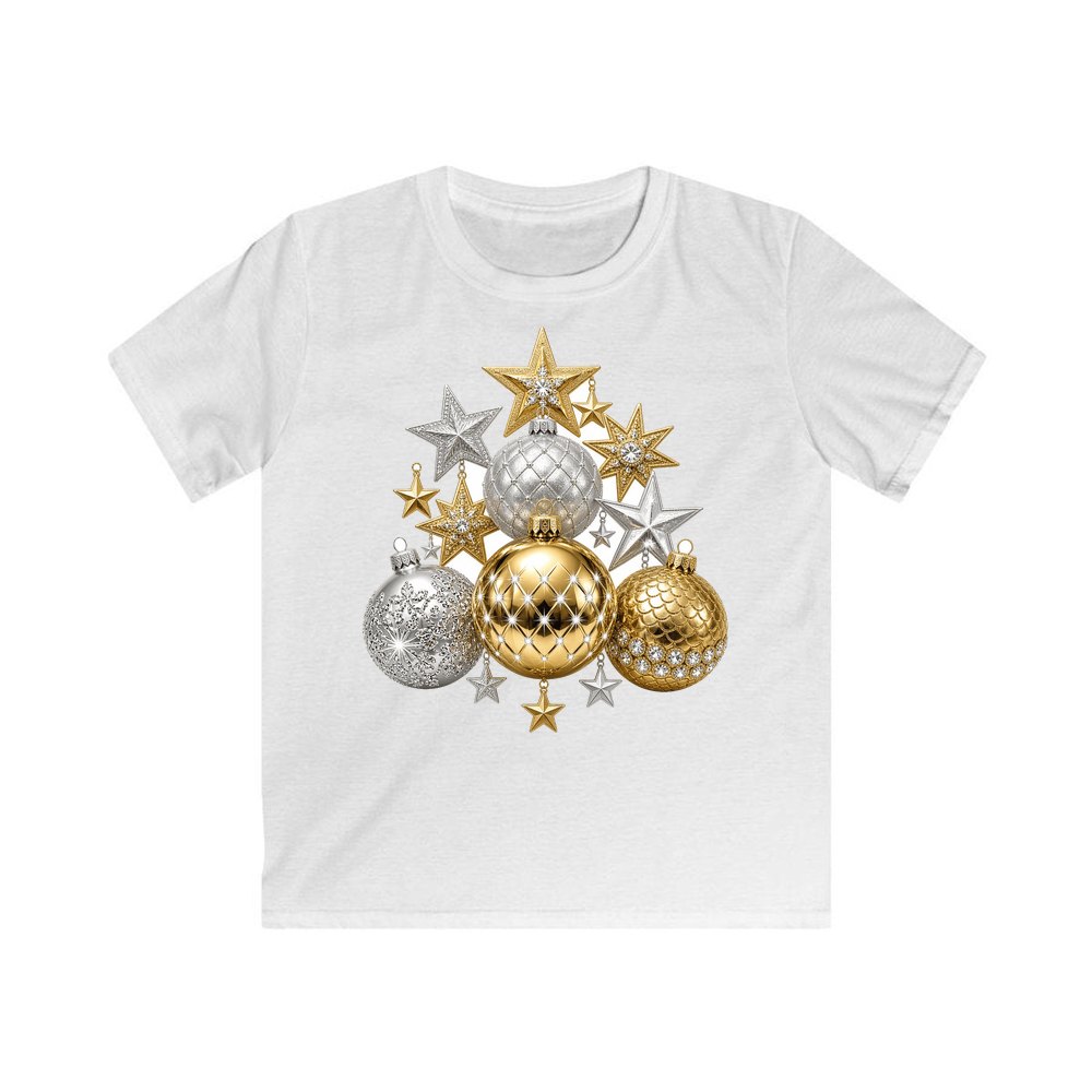 Gold and Silver Bauble Cluster personalised kids Christmas tee in white