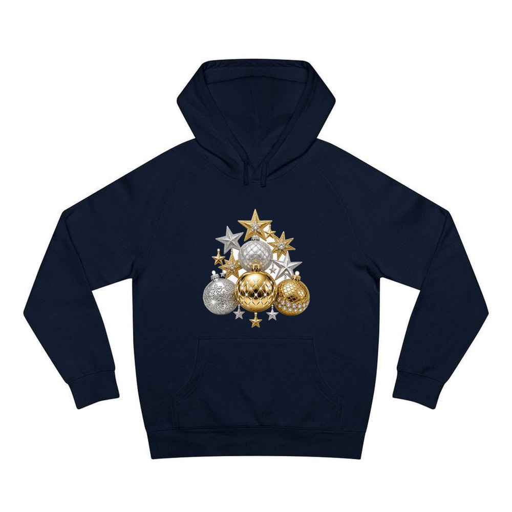 Gold and Silver Bauble Cluster personalised Christmas hoodie in navy