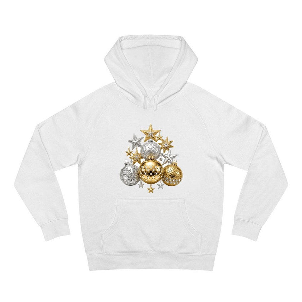 Gold and Silver Bauble Cluster personalised Christmas hoodie in white