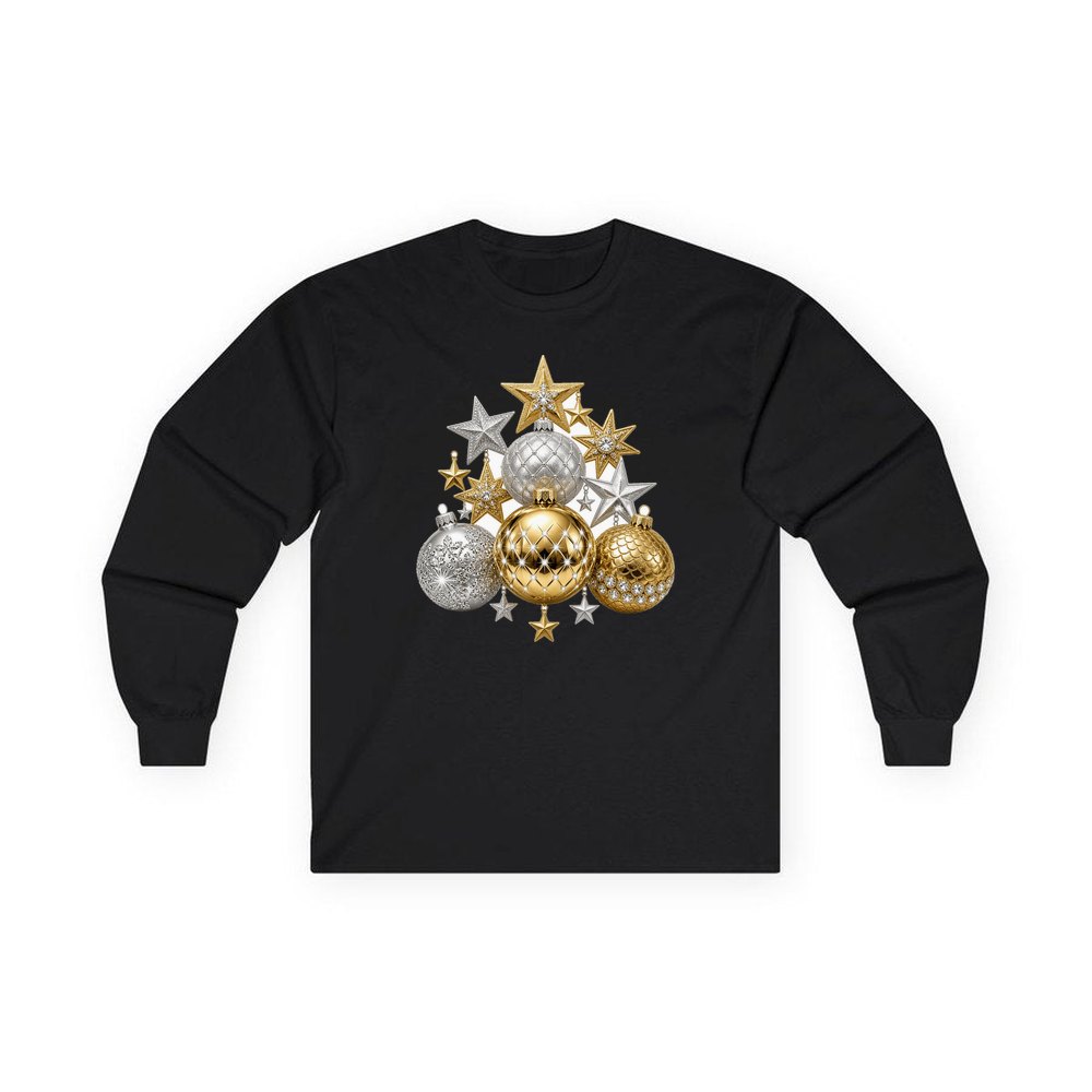 Gold and Silver Bauble Cluster personalised long sleeve Christmas T-shirt in black