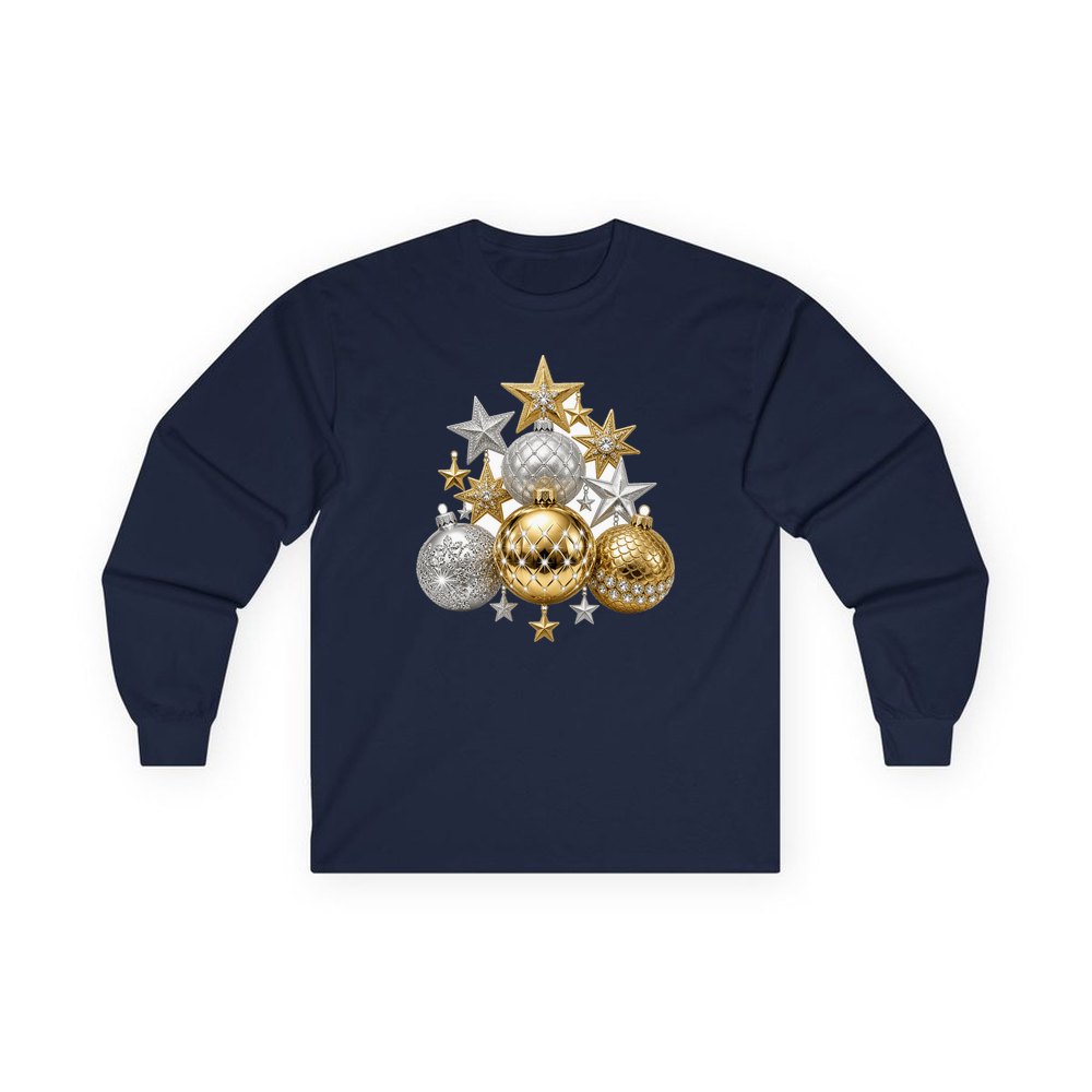 Gold and Silver Bauble Cluster personalised long sleeve Christmas T-shirt in navy