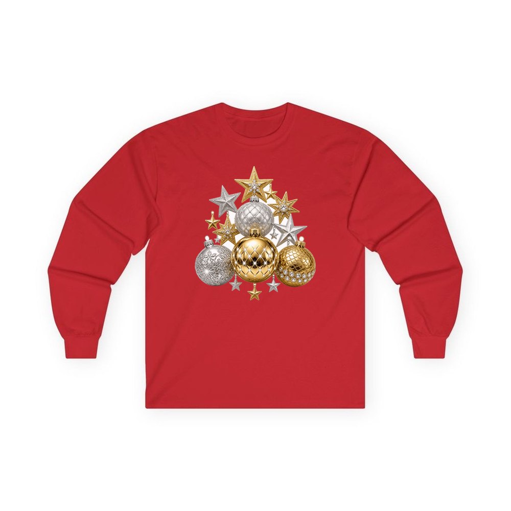 Gold and Silver Bauble Cluster personalised long sleeve Christmas T-shirt in red