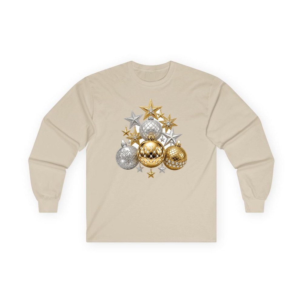 Gold and Silver Bauble Cluster personalised long sleeve Christmas T-shirt in sand
