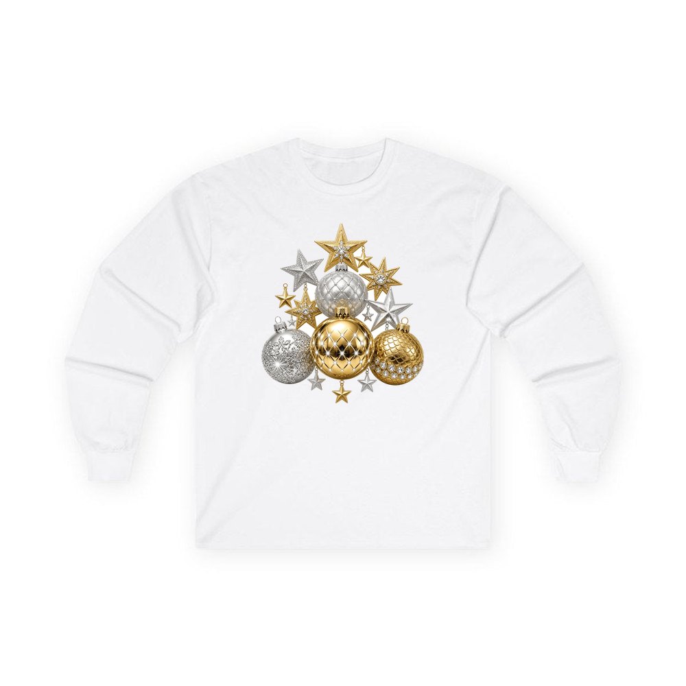 Gold and Silver Bauble Cluster personalised long sleeve Christmas T-shirt in white