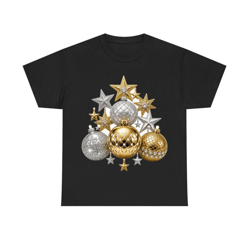 Gold and Silver Bauble Cluster personalised Christmas T-shirt in black