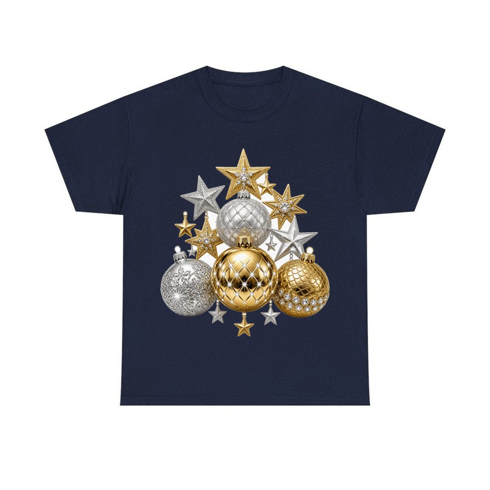Gold and Silver Bauble Cluster personalised Christmas T-shirt in navy