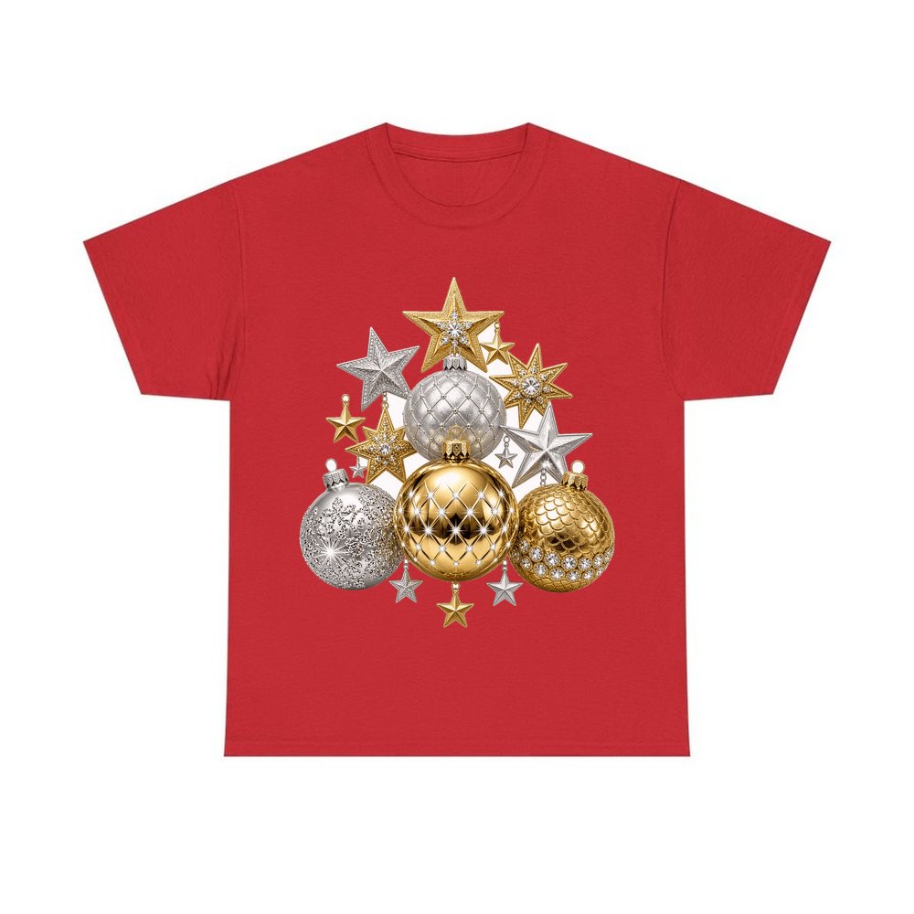 Gold and Silver Bauble Cluster personalised Christmas T-shirt in red