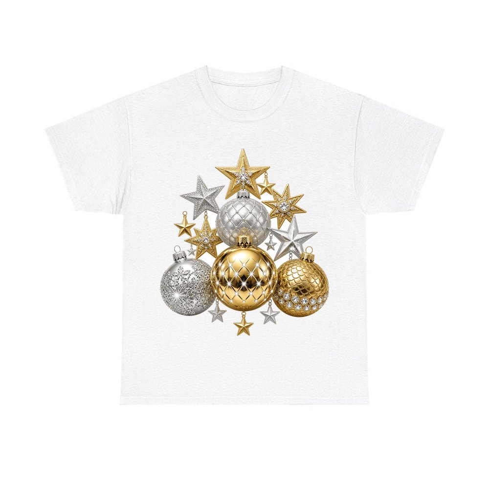 Gold and Silver Bauble Cluster personalised Christmas T-shirt in white