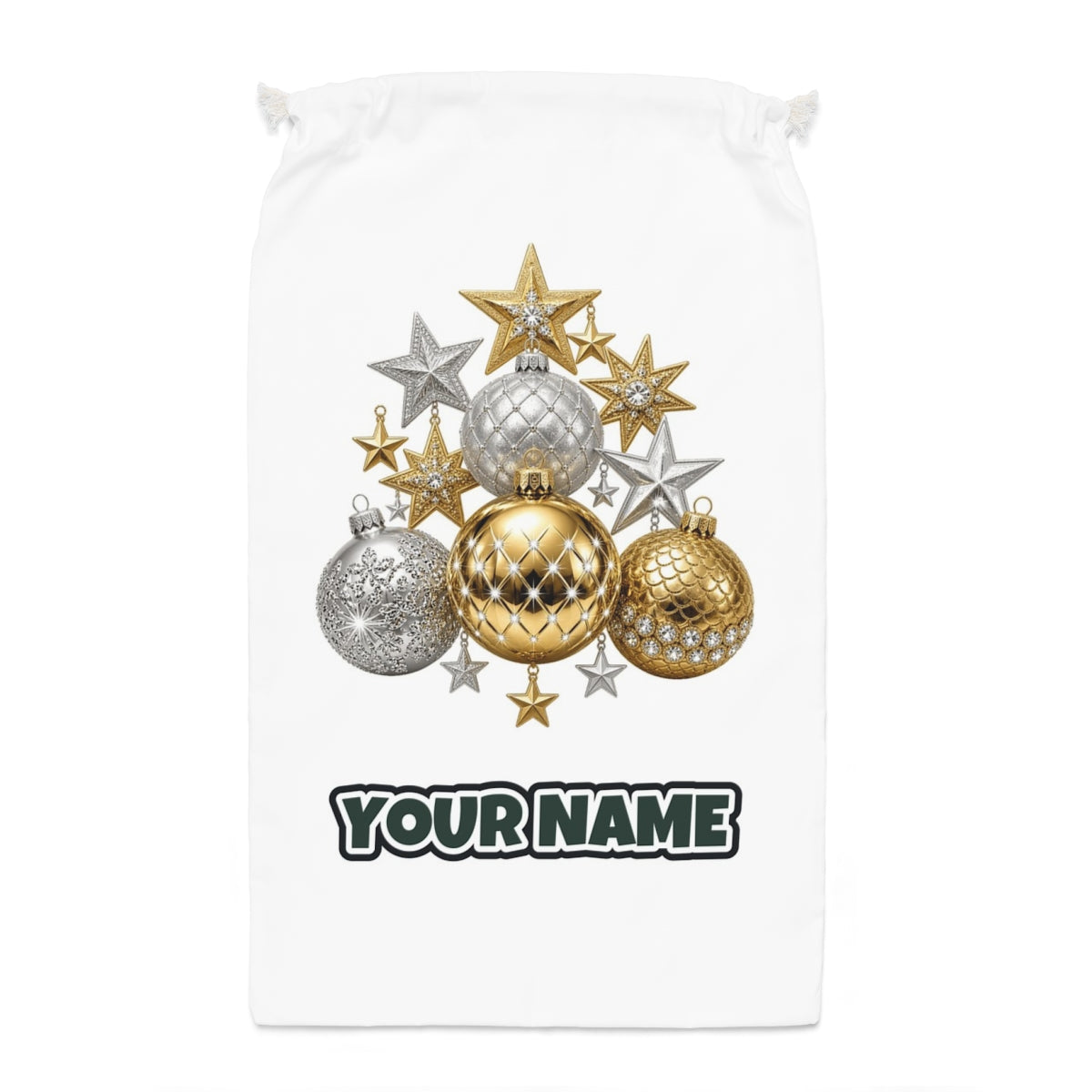 Gold and Silver Bauble Cluster Santa sack laid flat, showing the full print