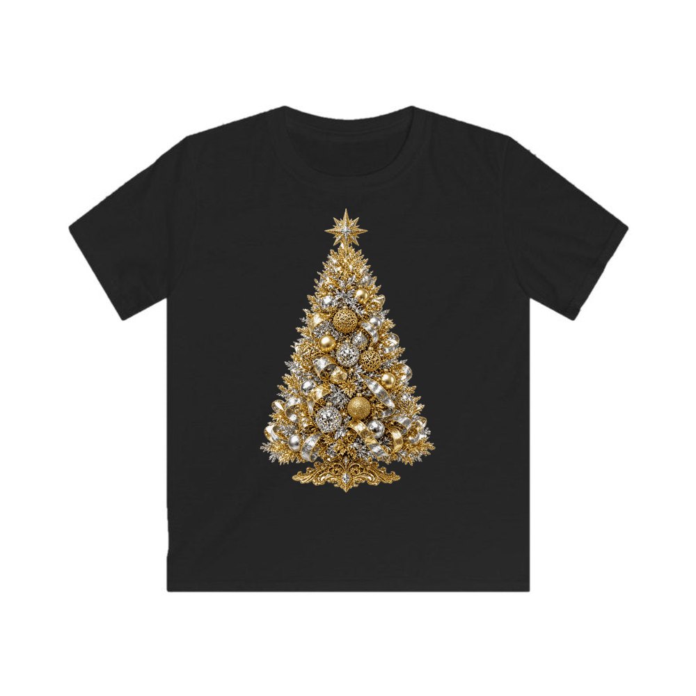 Gold and Silver Christmas Tree personalised kids Christmas tee in black