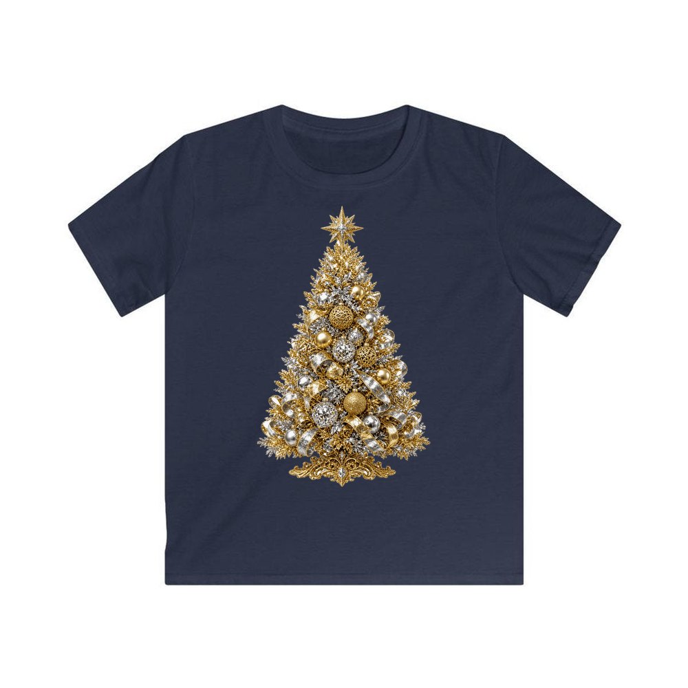 Gold and Silver Christmas Tree personalised kids Christmas tee in navy