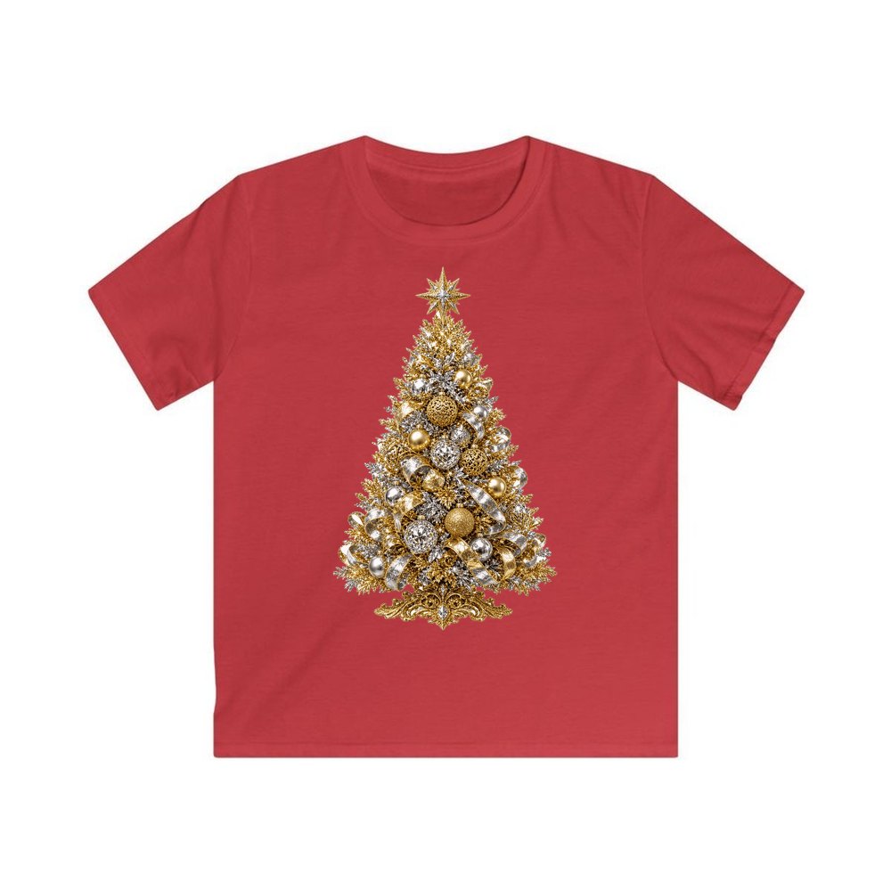 Gold and Silver Christmas Tree personalised kids Christmas tee in red