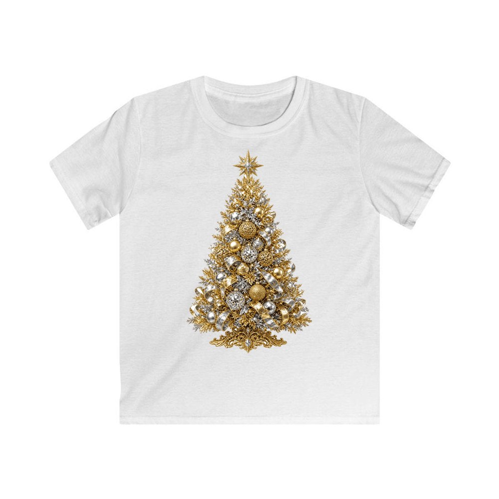 Gold and Silver Christmas Tree personalised kids Christmas tee in white