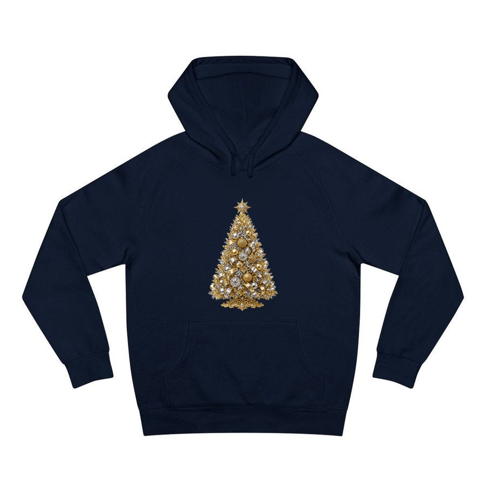 Gold and Silver Christmas Tree personalised Christmas hoodie in navy