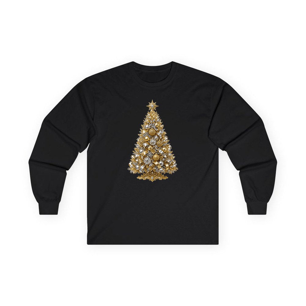 Gold and Silver Christmas Tree personalised long sleeve Christmas T-shirt in black