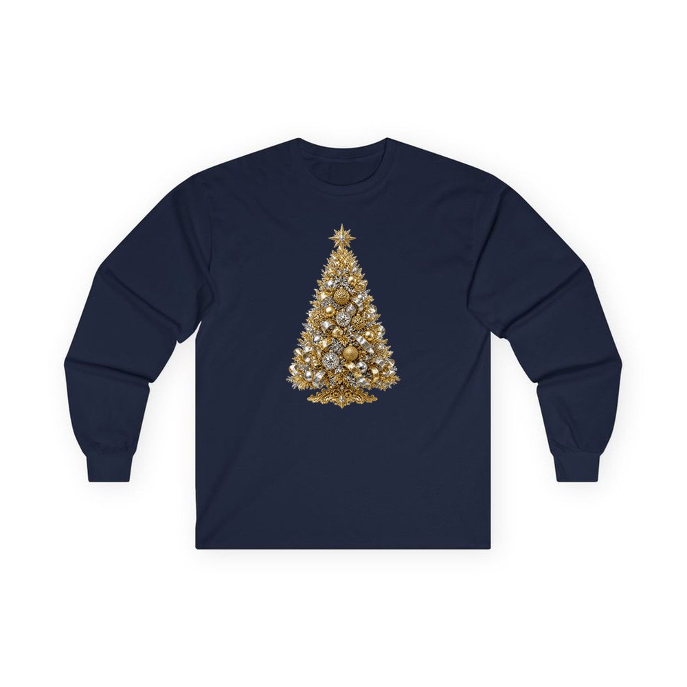 Gold and Silver Christmas Tree personalised long sleeve Christmas T-shirt in navy
