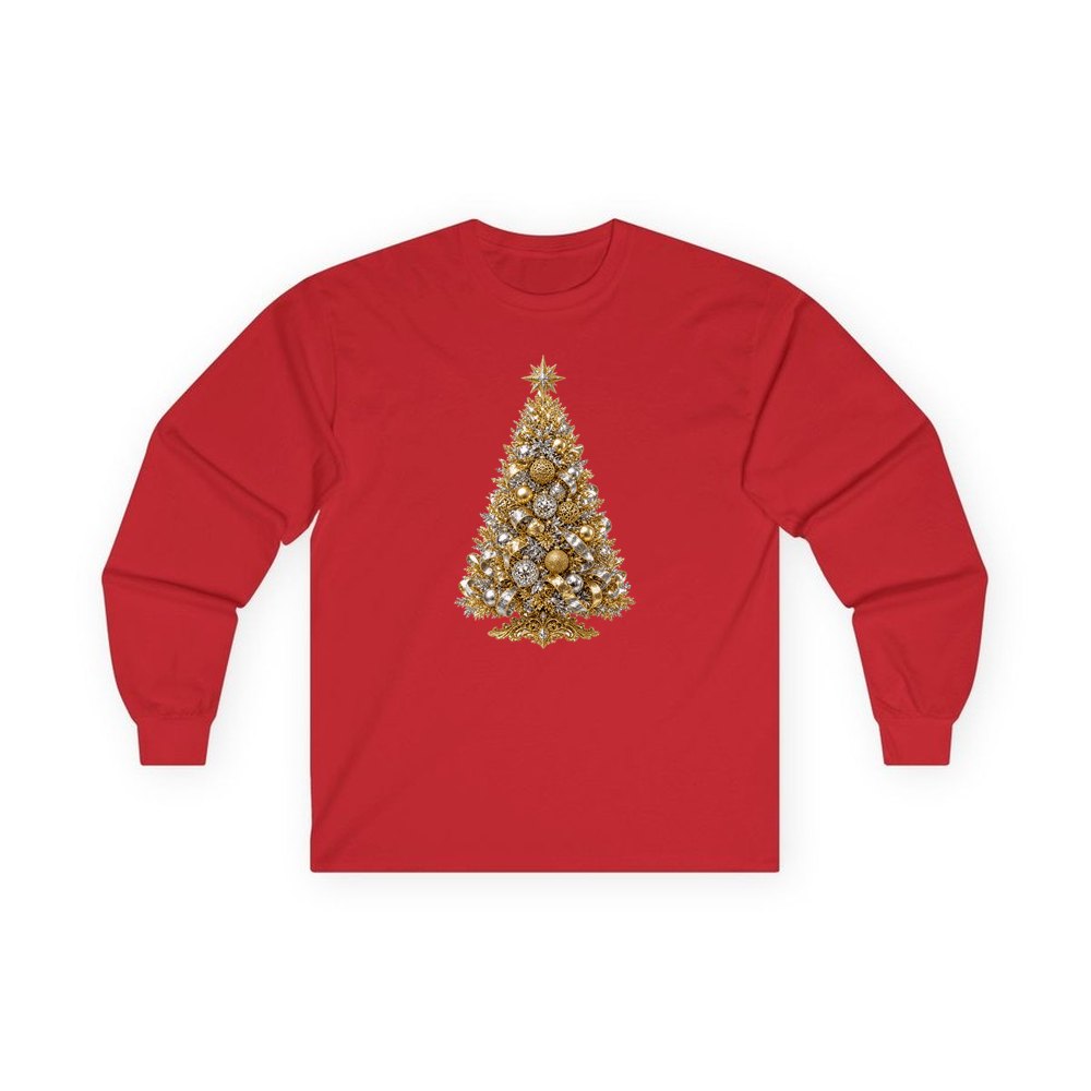 Gold and Silver Christmas Tree personalised long sleeve Christmas T-shirt in red
