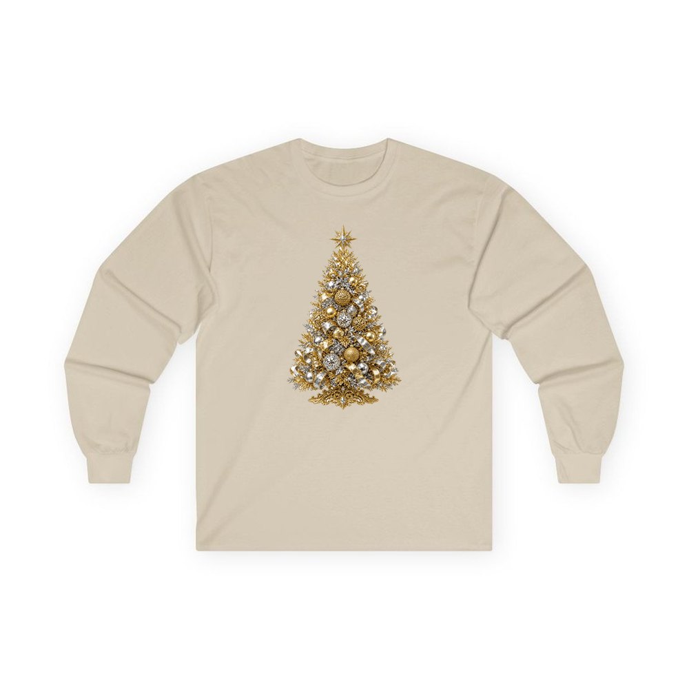 Gold and Silver Christmas Tree personalised long sleeve Christmas T-shirt in sand