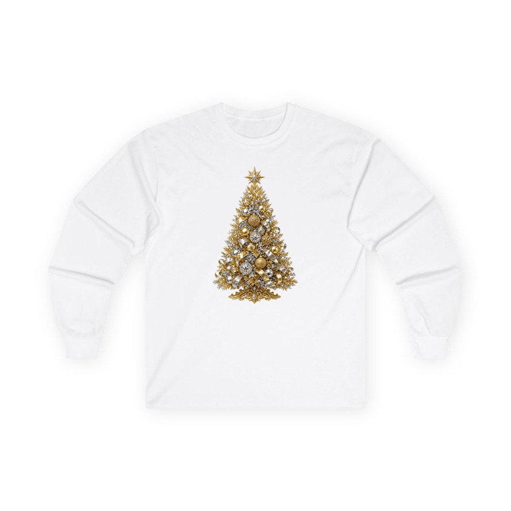 Gold and Silver Christmas Tree personalised long sleeve Christmas T-shirt in white