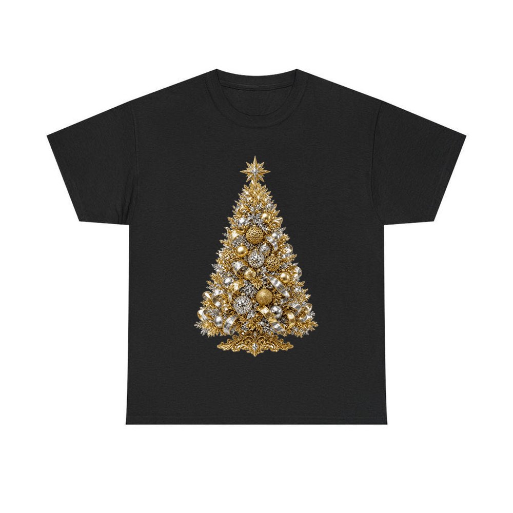 Gold and Silver Christmas Tree personalised Christmas T-shirt in black