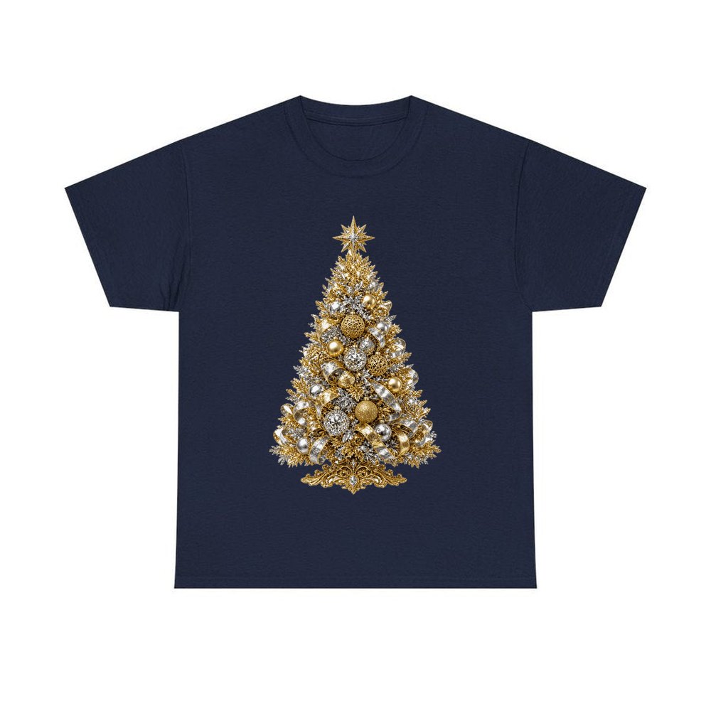 Gold and Silver Christmas Tree personalised Christmas T-shirt in navy