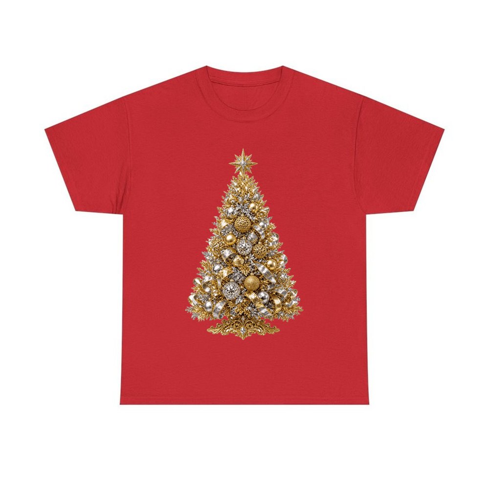 Gold and Silver Christmas Tree personalised Christmas T-shirt in red