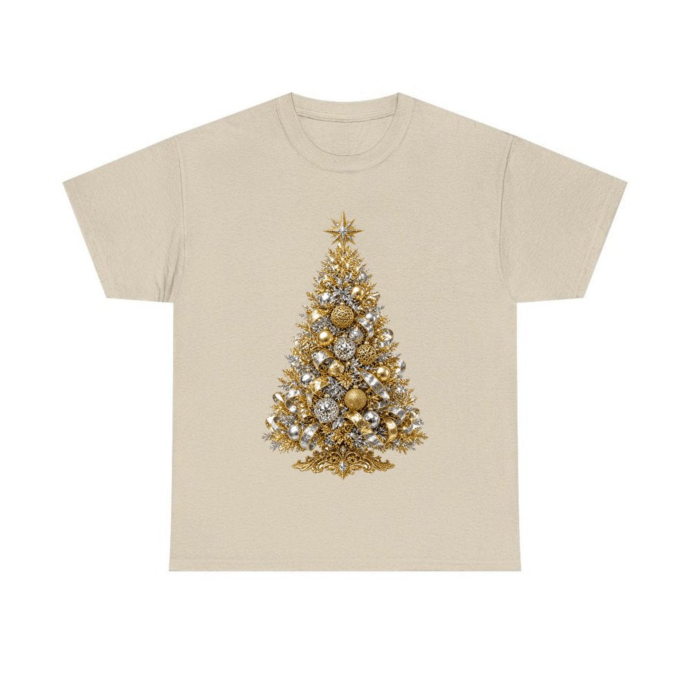 Gold and Silver Christmas Tree personalised Christmas T-shirt in sand