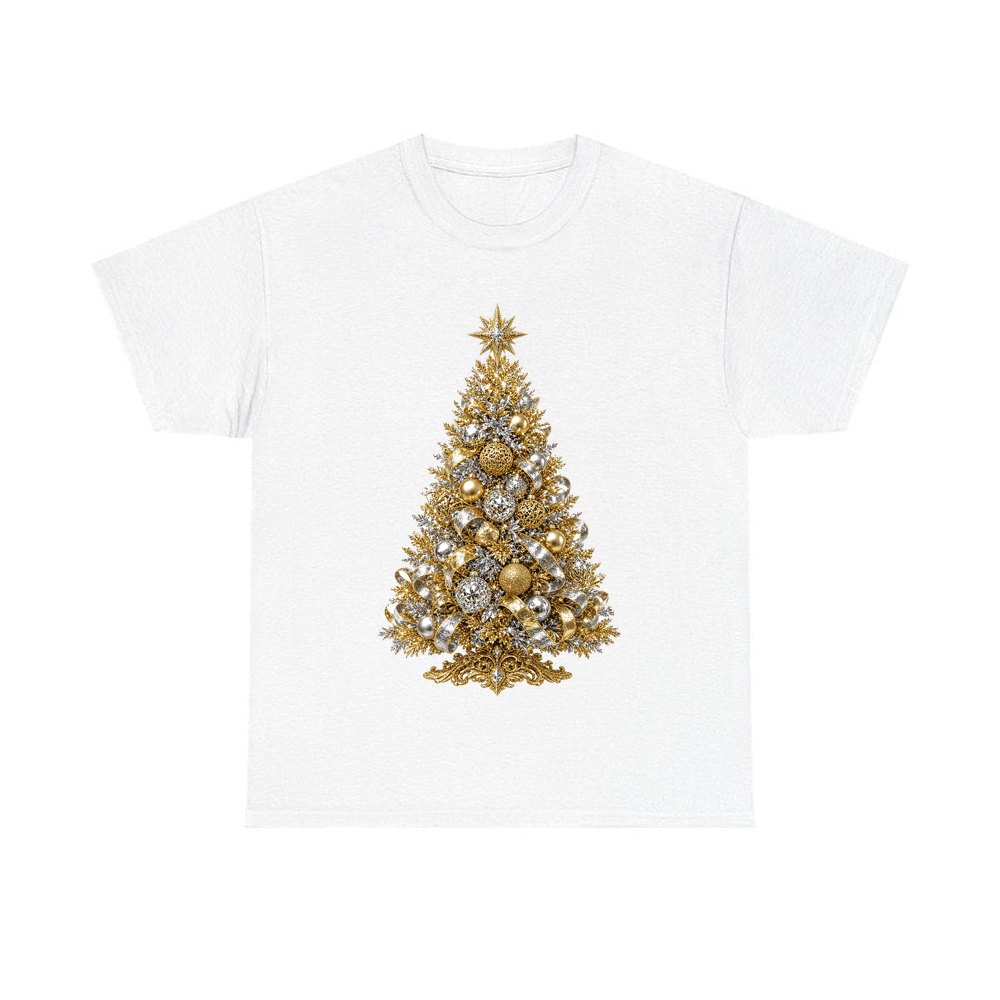 Gold and Silver Christmas Tree personalised Christmas T-shirt in white