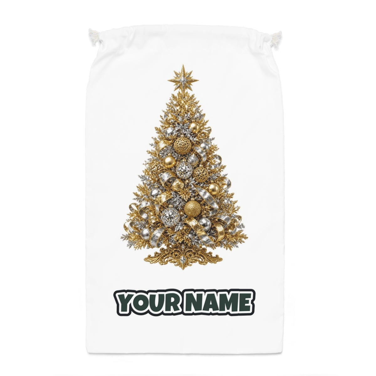 Gold and Silver Christmas Tree Santa sack laid flat, showing the full print