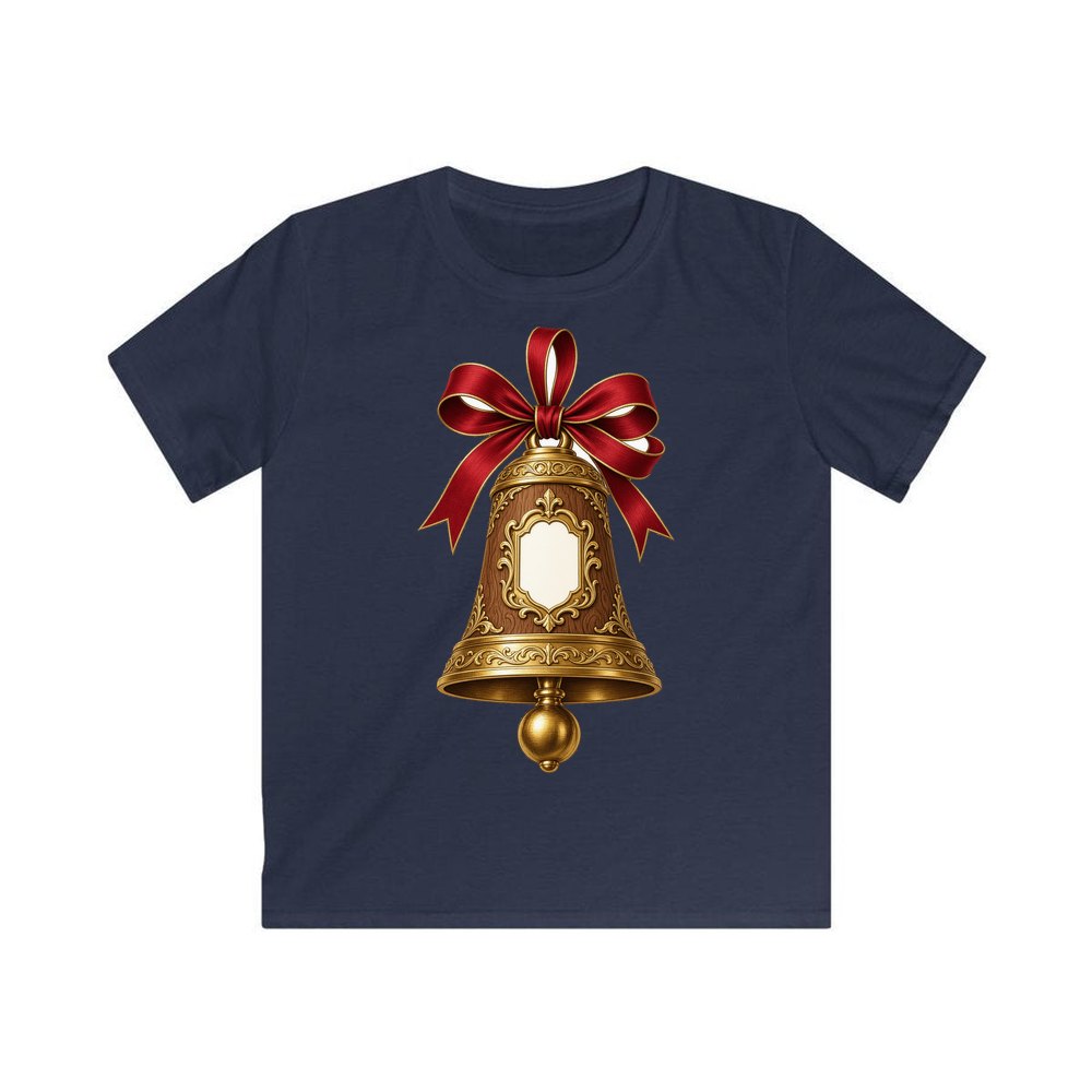Gold Bell With Name Plaque personalised kids Christmas tee in navy